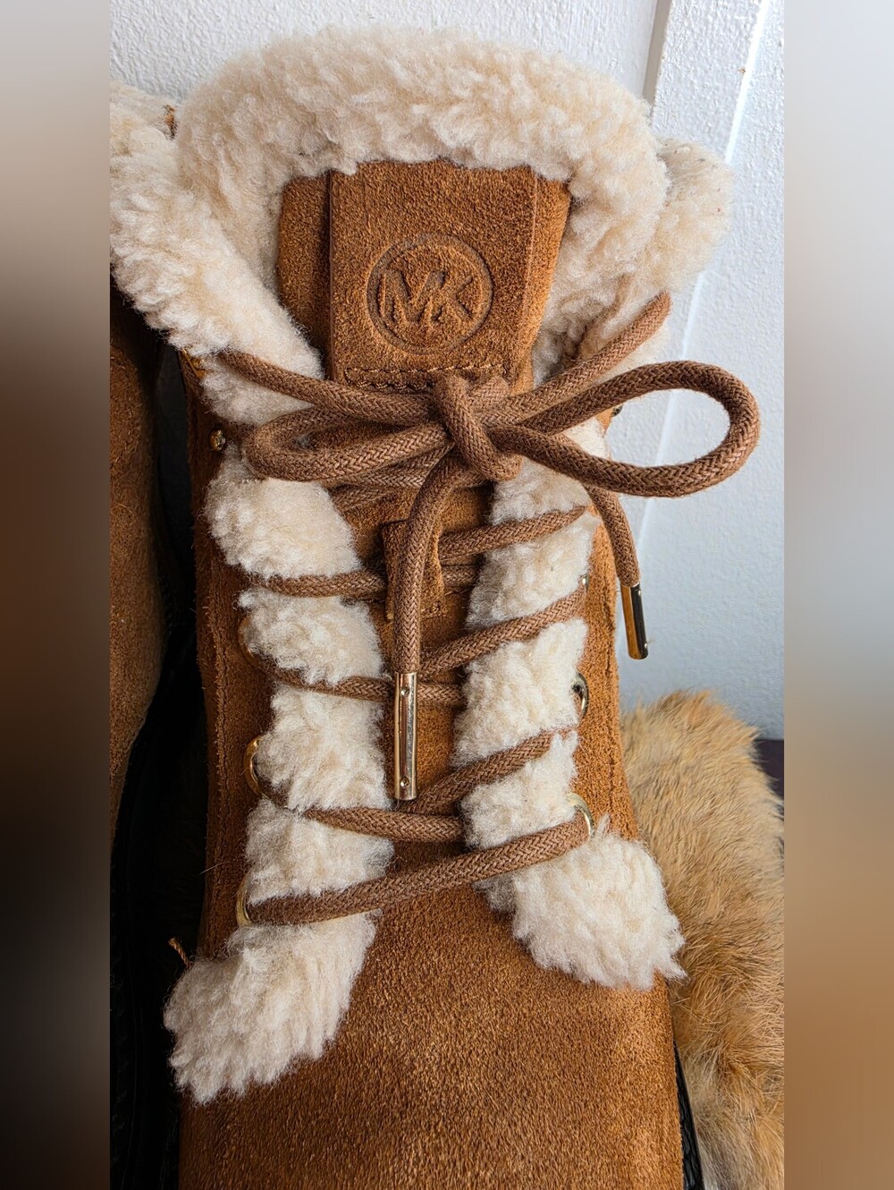Michael Kors Tan Suede Shearling Lace-Up Ankle Boots - Picture 13 of 14